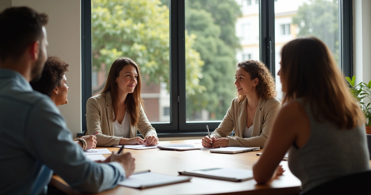 Equipe reunida em sala, rostos atentos, mesa com papéis organizados 