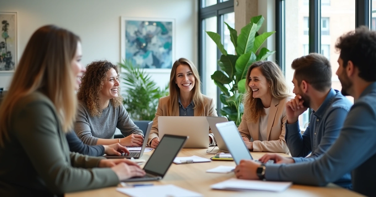Pessoas em reunião discutindo ideias em um ambiente moderno 