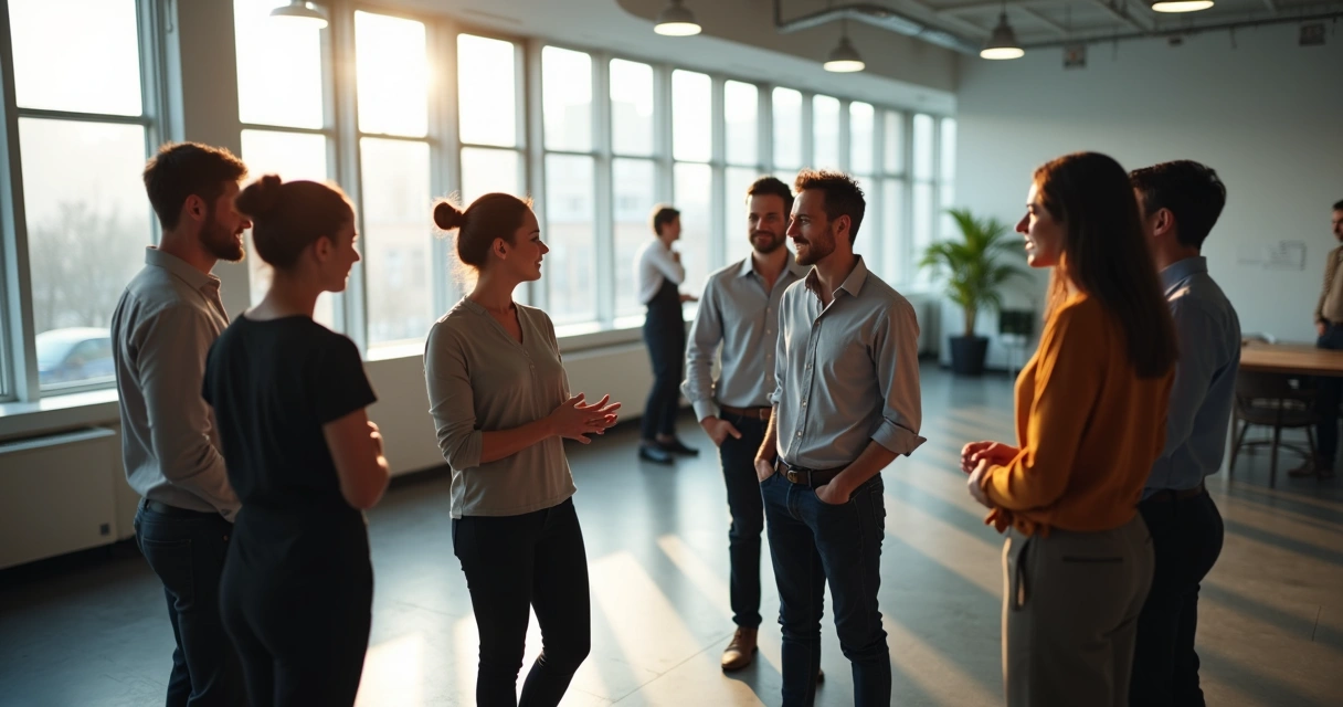 Colegas de trabalho conversando em roda em uma sala de escritórios moderna 