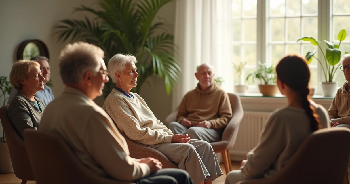 Grupo de pessoas sentadas em círculo praticando o silêncio coletivo, com luz suave e clima de serenidade