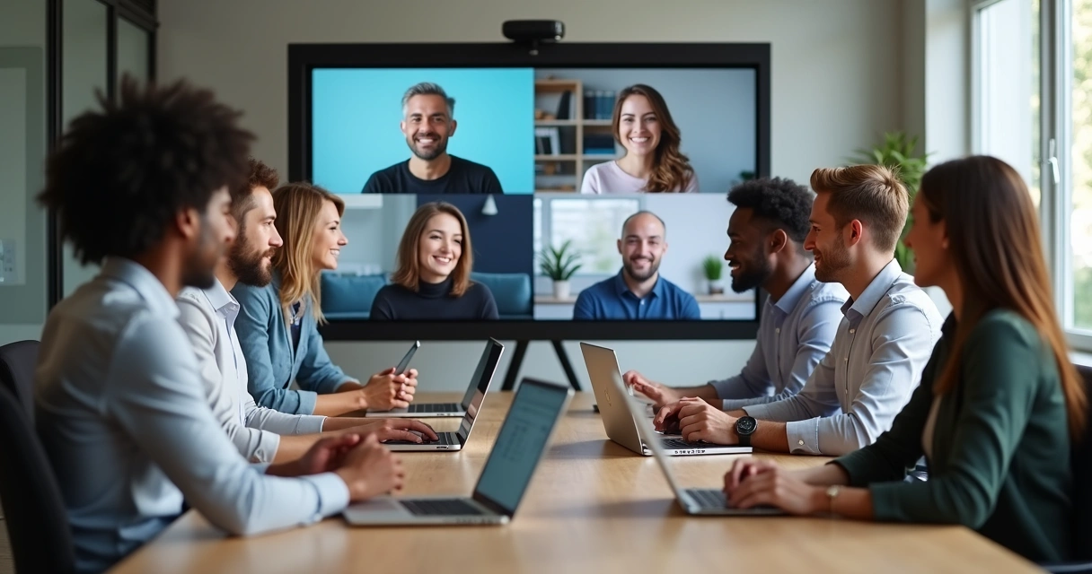 Grupo diverso em videoconferência com parte da equipe em escritório e parte remota.