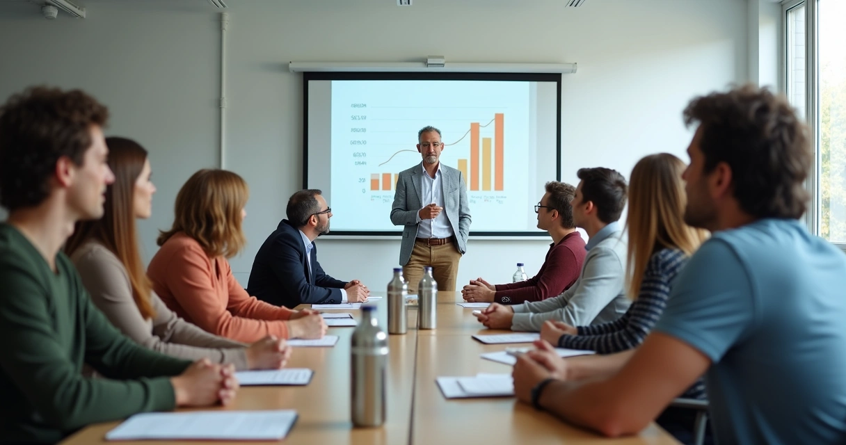 Participantes assistindo aula sobre finanças em sala de workshop 