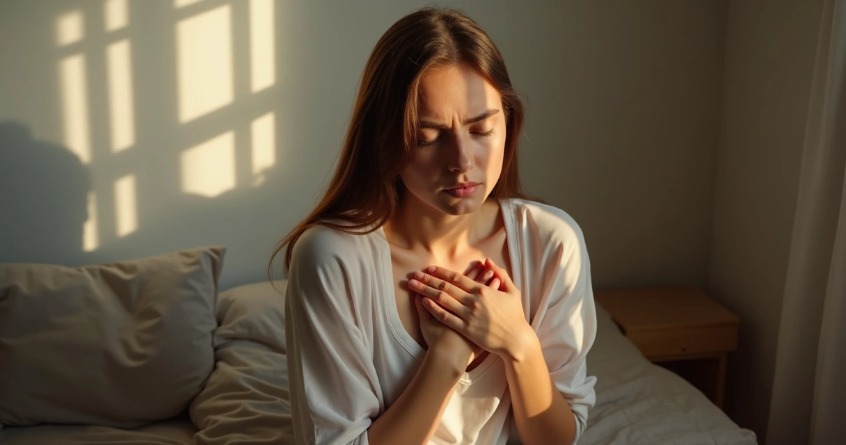 Pessoa com as mãos no peito, olhos fechados, sentindo emoções