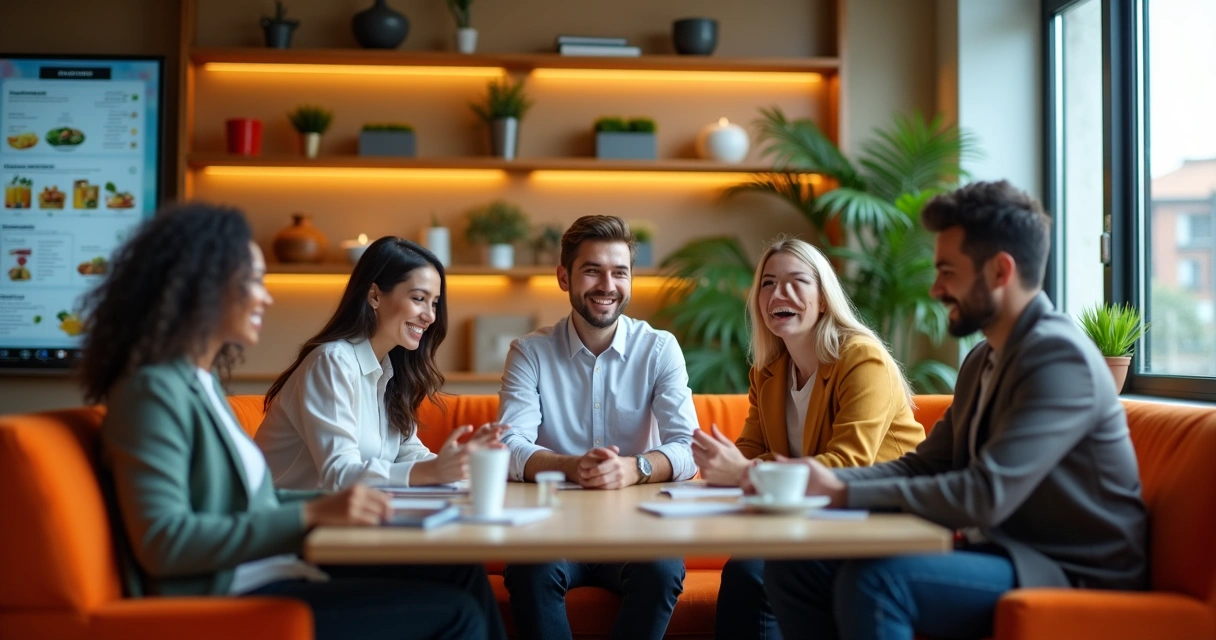 Equipe sorrindo em área de descanso do escritório 