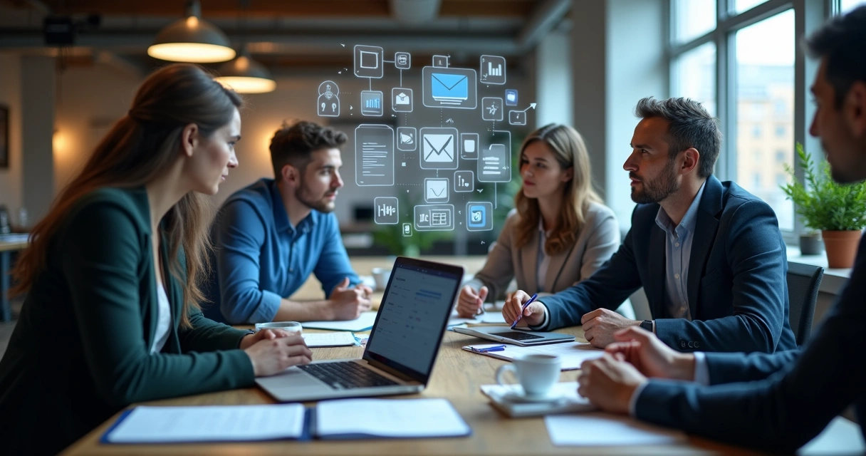 Profissionais escolhendo ferramenta digital em notebook 