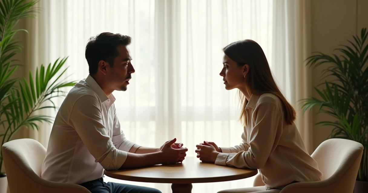 Duas pessoas sentadas frente a frente, fazendo contato visual em uma conversa tranquila 