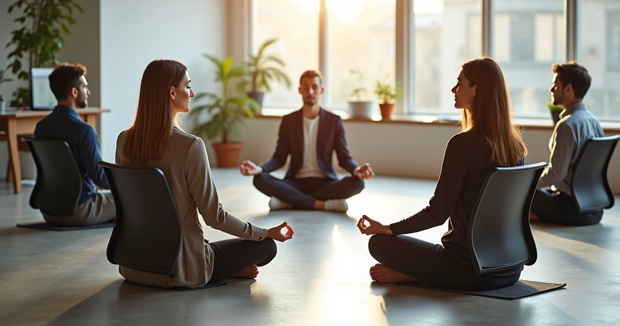 Grupo de pessoas em escritório moderno meditando e relaxando juntos 