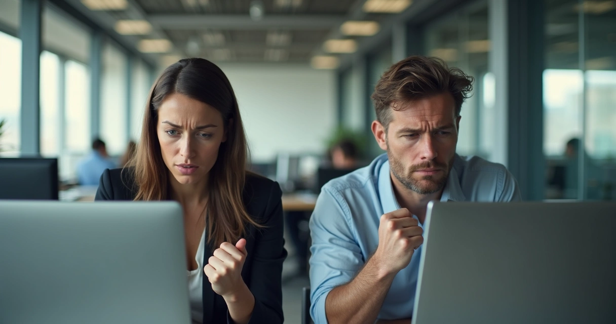 Duas pessoas em escritório olhando para monitor, com semblantes tensos
