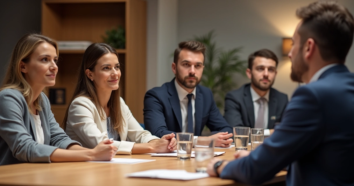 Pessoas em sala de reunião escutando atentas uma conversa 