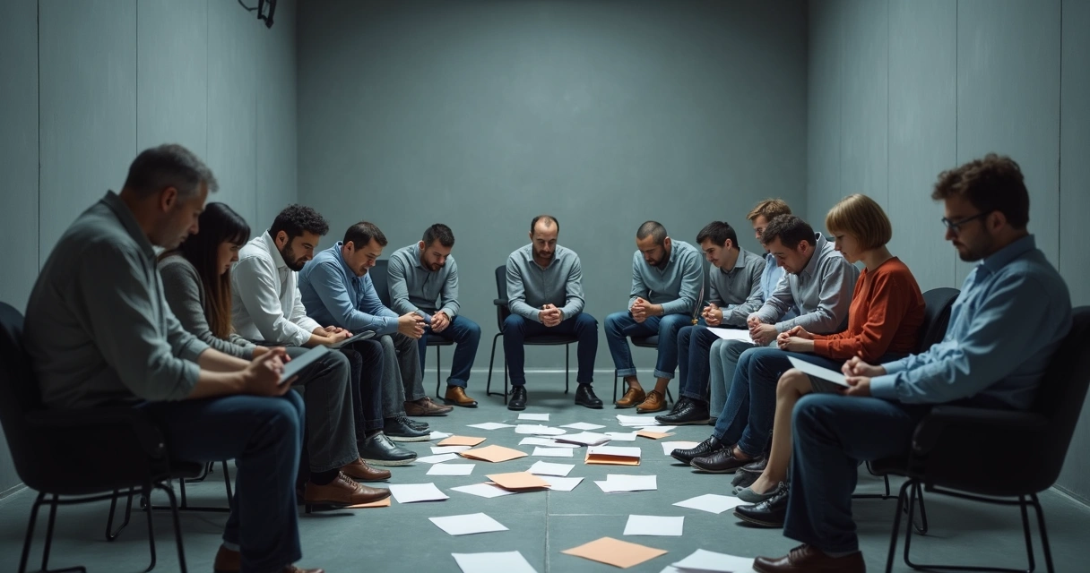 Pessoas sentadas em círculo, aparentando cansaço e desânimo 