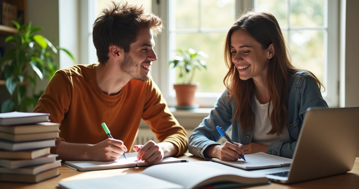 Dois jovens adultos estudando em notebooks lado a lado, sorrindo, com livros abertos, ambiente de sala iluminada 