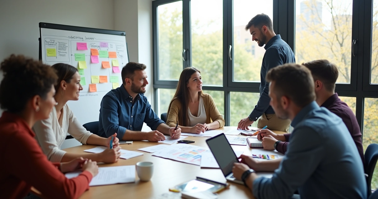 Pessoas em roda, papel e tablets aprendendo marketing 