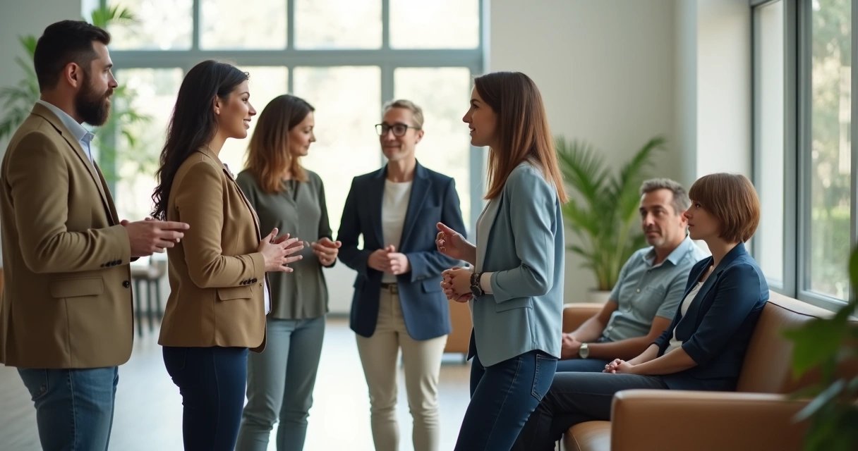 Grupo de pessoas interagindo enquanto duas pessoas ficam isoladas ao fundo 