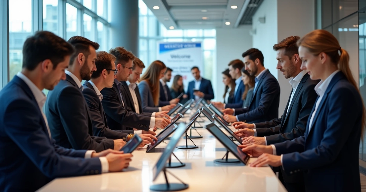 Funcionários realizando check-in digital com tablets em evento corporativo