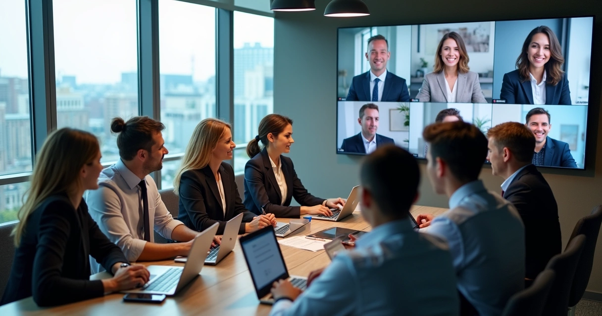 Profissionais conversam presencialmente enquanto outros trocam mensagens por notebook 