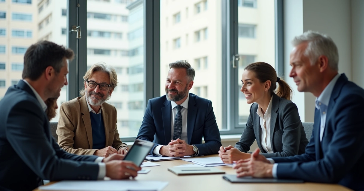 Empresários locais de diferentes setores conversando em reunião 