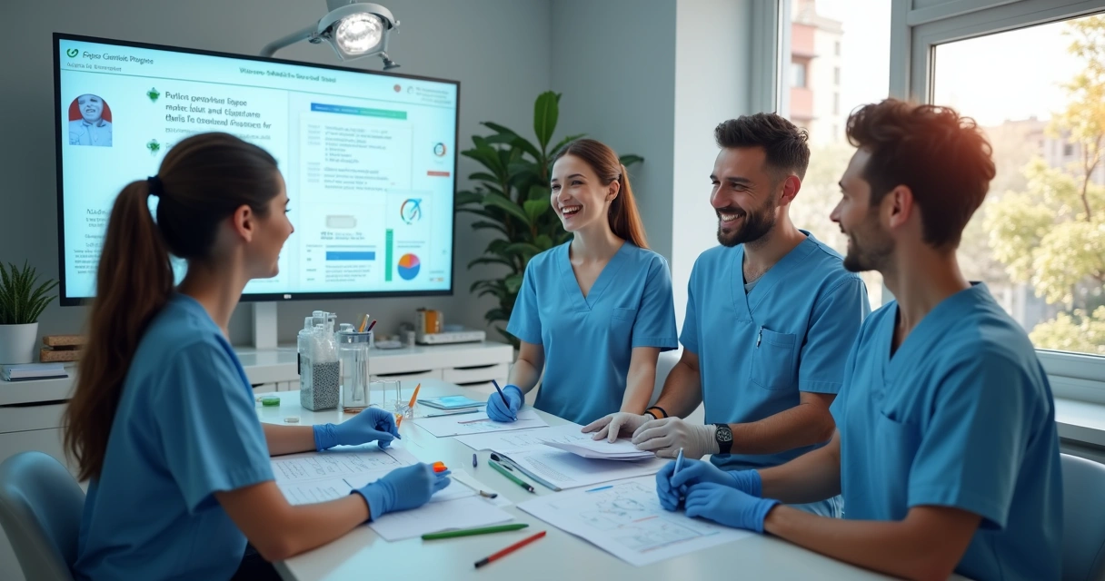 Equipe celebrando resultado em clínica odontológica 