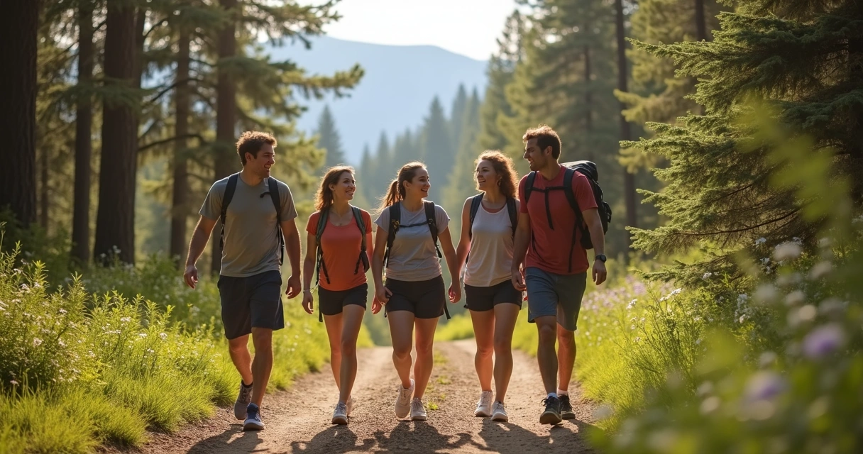 Grupo de amigos caminhando sorrindo em trilha na natureza 