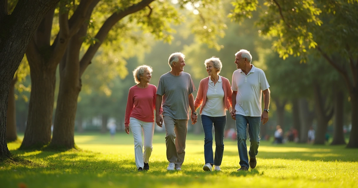 Grupo de adultos caminhando em parque, sorrindo