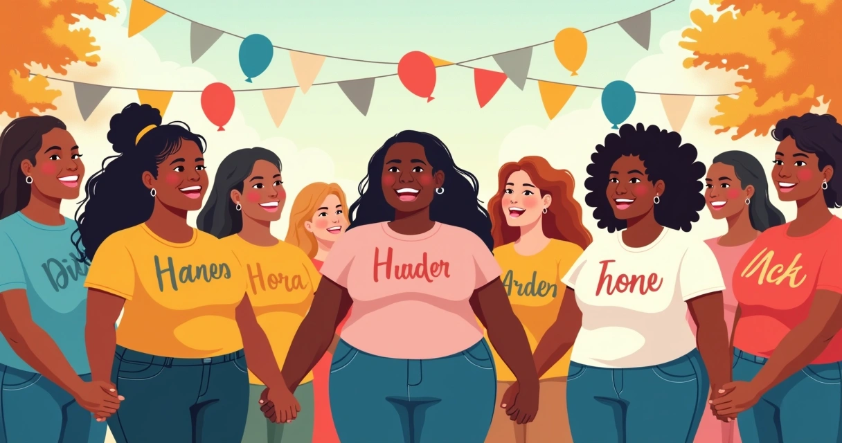 Grupo diverso usando camisetas plus size personalizadas em evento alegre 