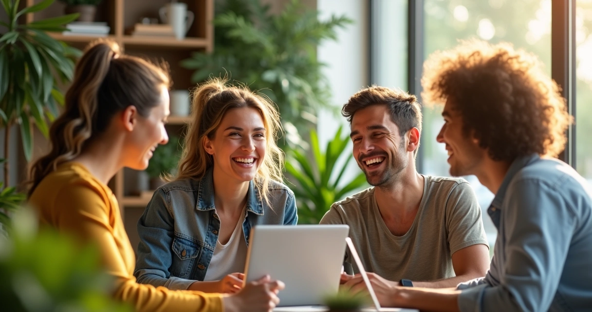 Equipe feliz sorrindo em ambiente de trabalho acolhedor 