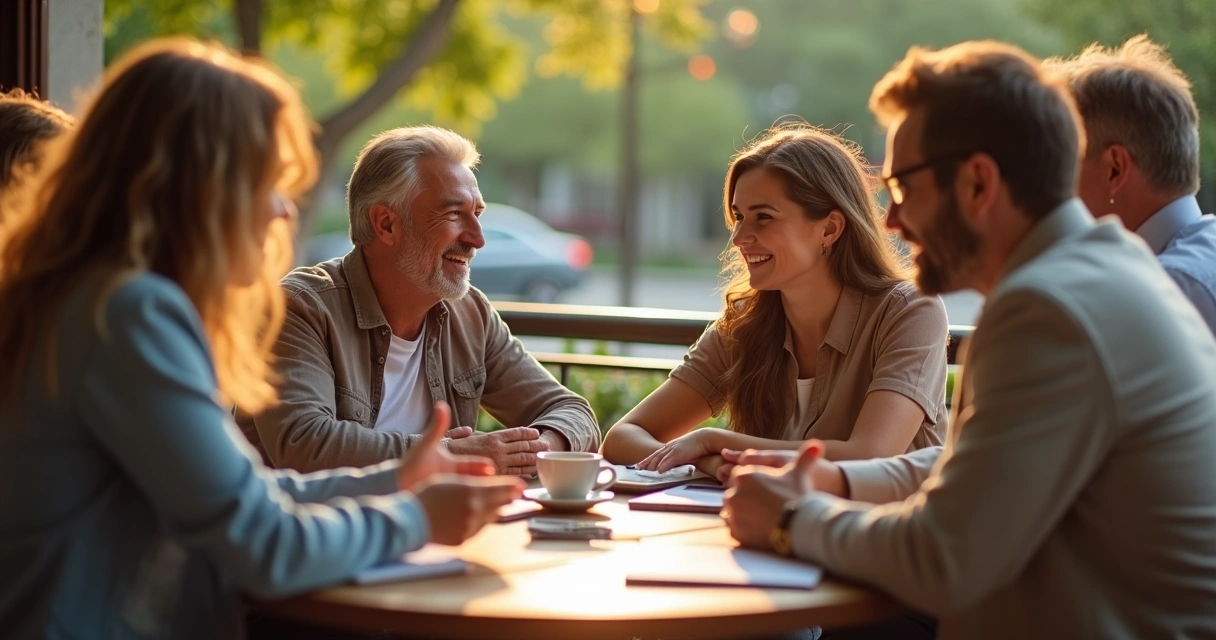 Grupo diverso de adultos conversando e rindo em círculo ao ar livre 