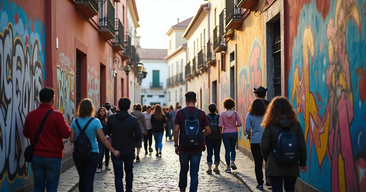 Turistas tirando fotos dos painéis de grafite no Beco do Batman 