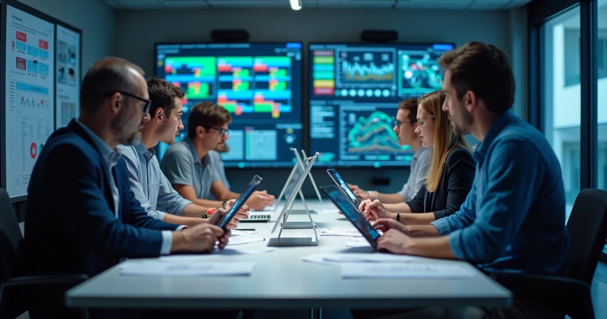 Equipe de gestão analisando portfólio de projetos industriais em computadores