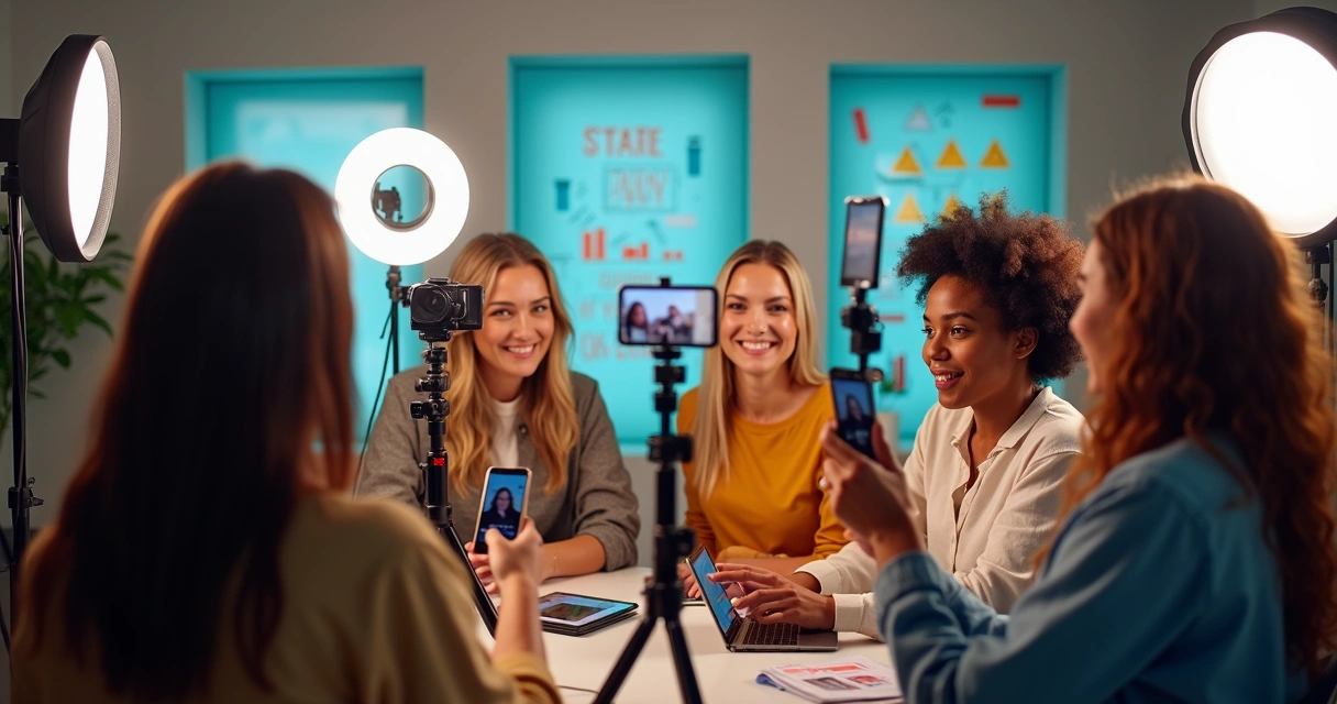 Mulheres gravando vídeo reels para negócios em estúdio com luzes e celulares 