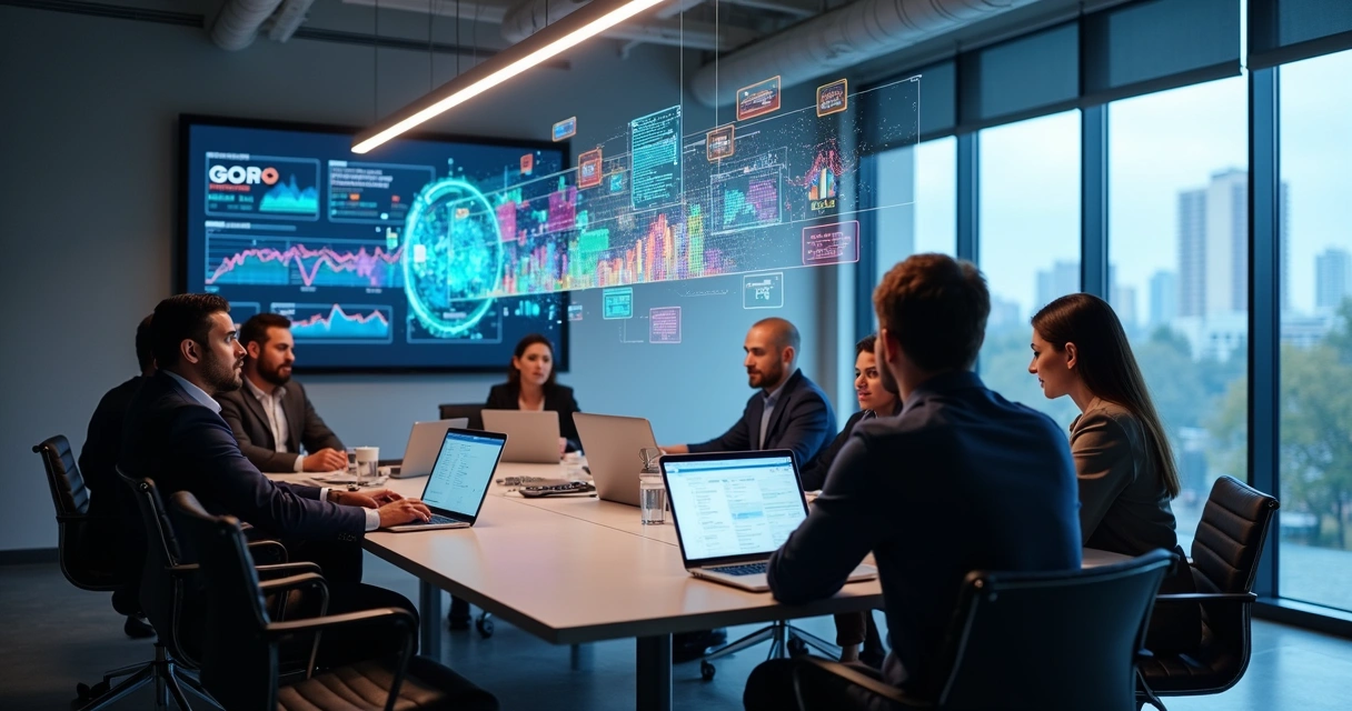 Grupo de profissionais analisando gráficos digitais em uma sala moderna 