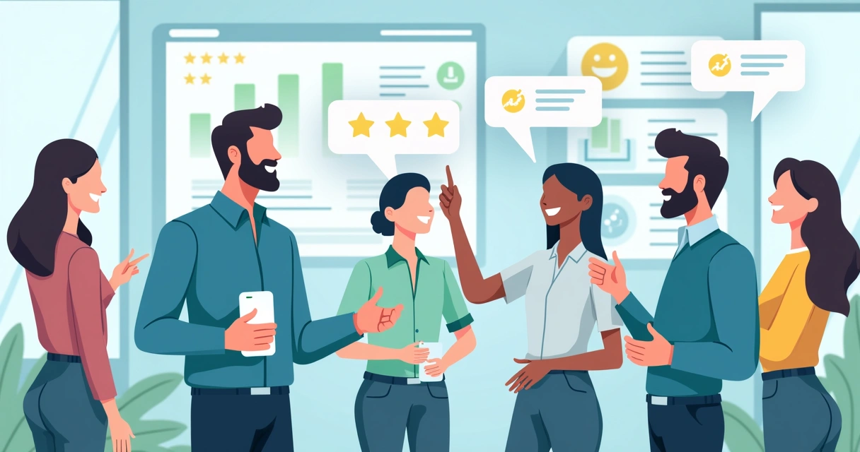 Clientes recomendando uma empresa para outros clientes, em ambiente moderno de escritório