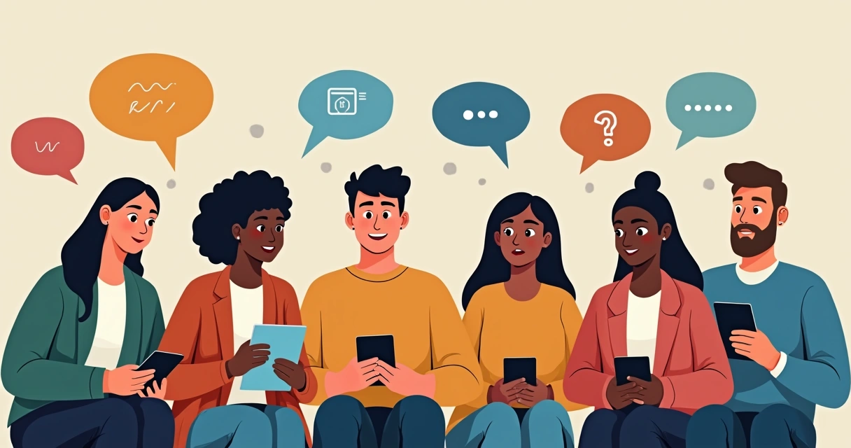 Grupo de pessoas interagindo por dispositivos digitais em fundo neutro 