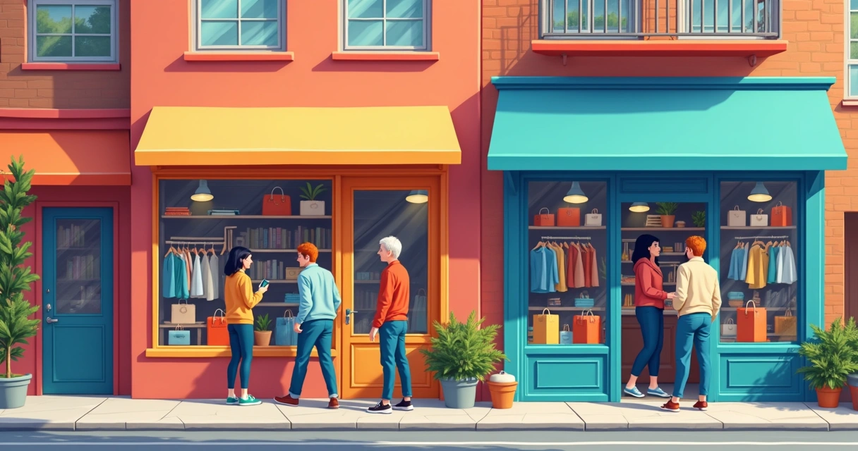 Pessoas conversando em loja de bairro animada 