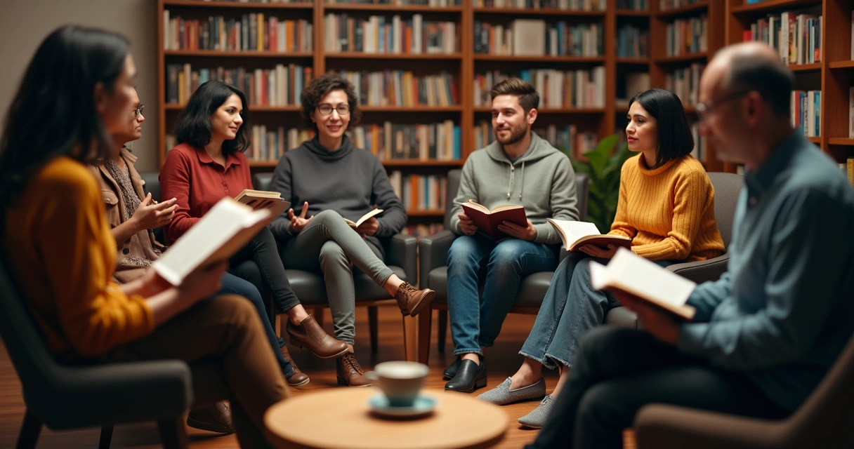 Grupo de pessoas reunidas discutindo livros em círculo 
