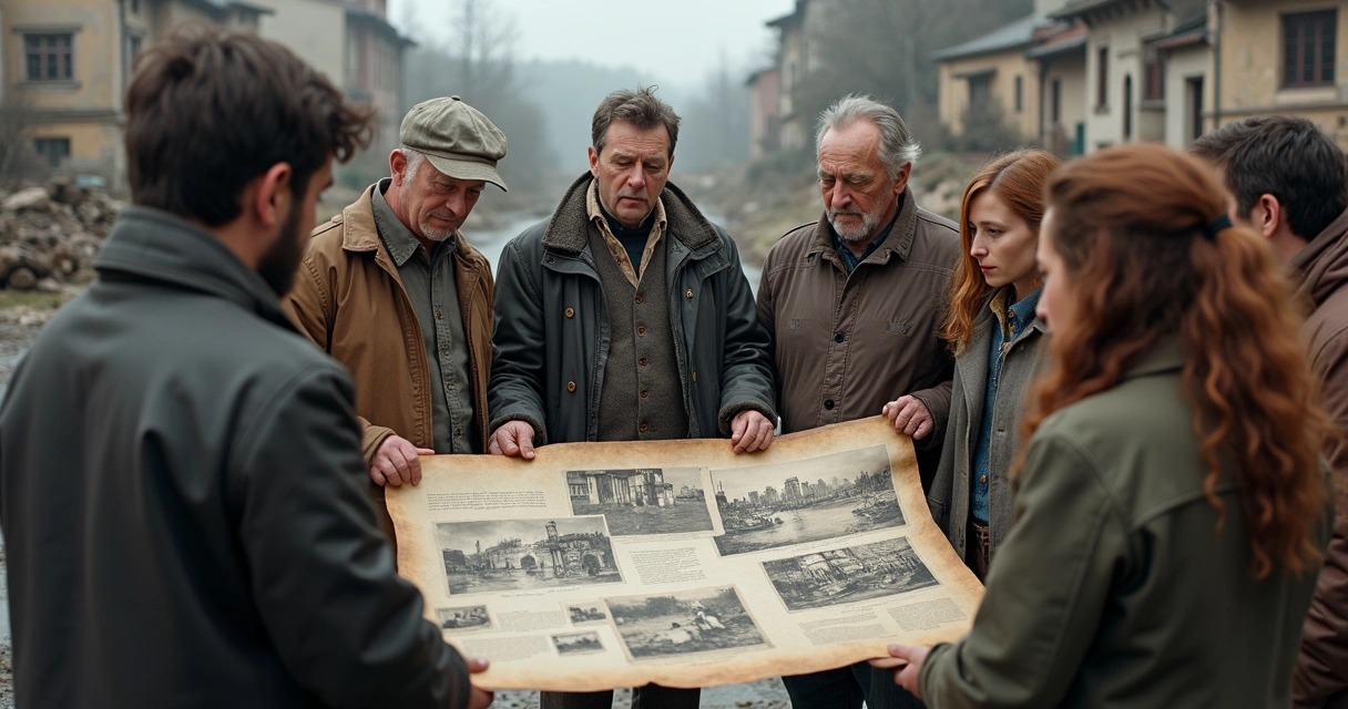 Grupo de pessoas ao ar livre conversando e olhando fotos antigas sobre catástrofes 
