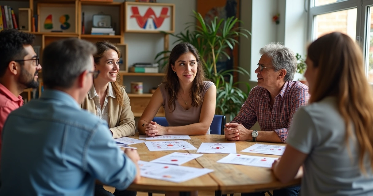 Grupo de pessoas LGBT conversando sobre PrEP em ambiente acolhedor 