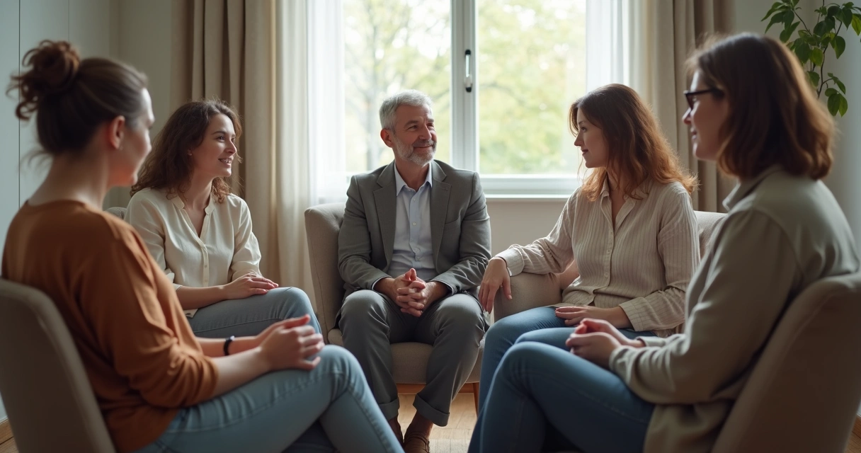Grupo de pessoas sentadas em círculo com expressões diversas, clima de reflexão