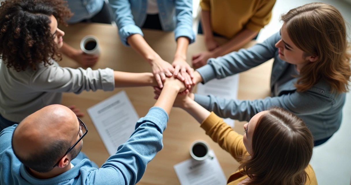 Grupo de pessoas de diferentes idades e gêneros com mãos unidas no centro de uma mesa de madeira clara