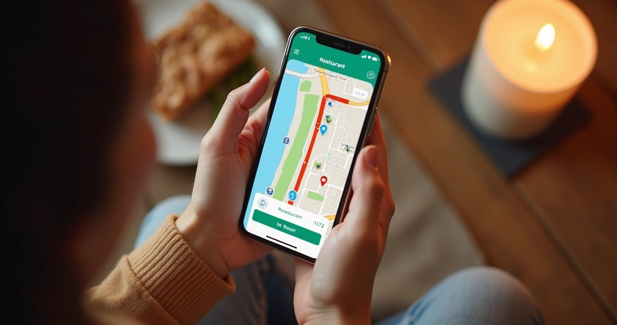 Mapa digital no celular com rota para restaurante e pessoas por perto 