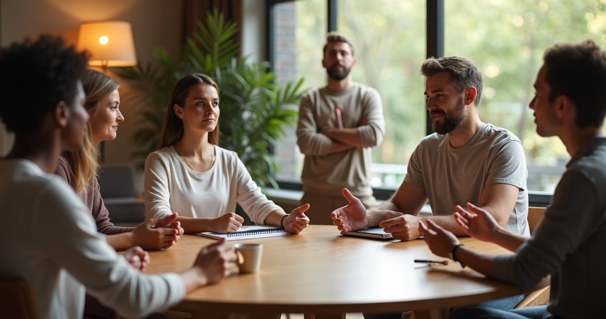 Pessoas refletindo sobre escolhas com expressão serena