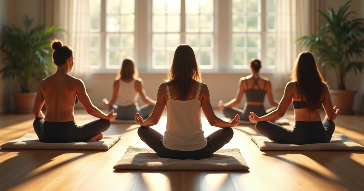Grupo de pessoas meditando sentadas em círculo em sala iluminada