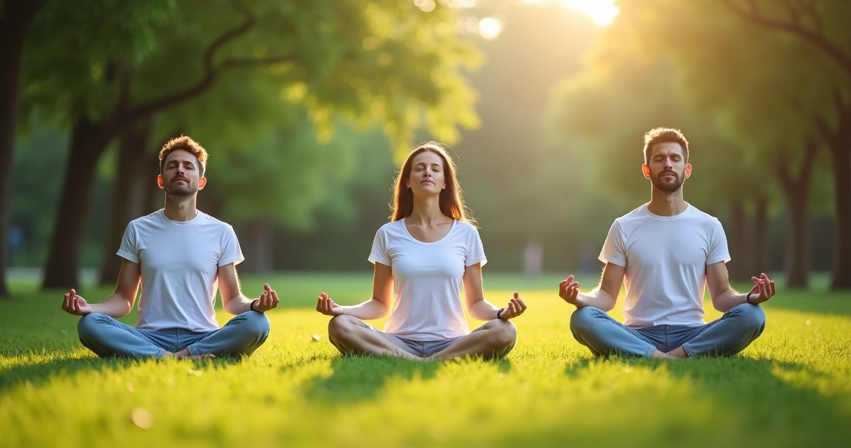 Três pessoas sentadas em posição de meditação ao ar livre, cercadas por árvores e luz suave. 