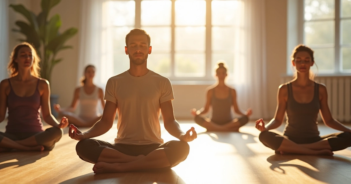 Grupo de pessoas meditando sentadas em uma sala clara e tranquila 