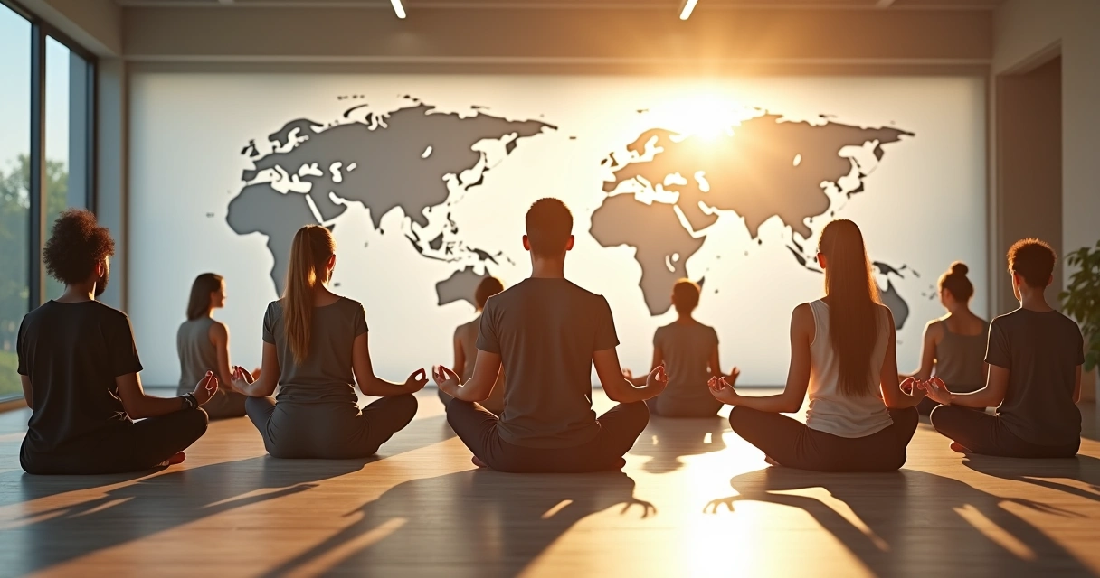 Pessoas meditando em sala com mapas do mundo ao fundo 