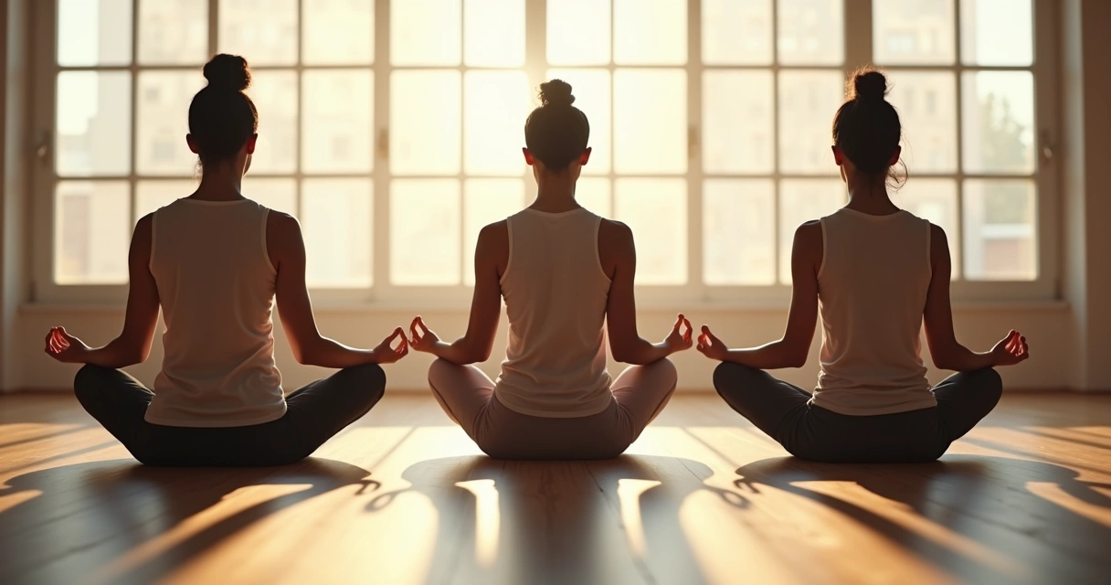 Três pessoas sentadas em círculo em uma sala clara, mantendo postura meditativa 