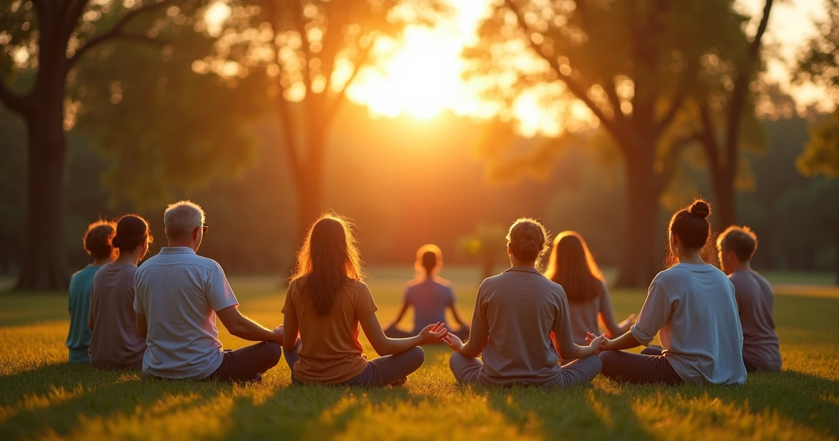 Grupo medita ao ar livre durante o pôr do sol. 