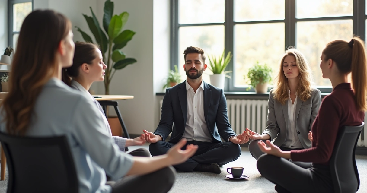 Profissionais meditam sentados em círculo em escritório 