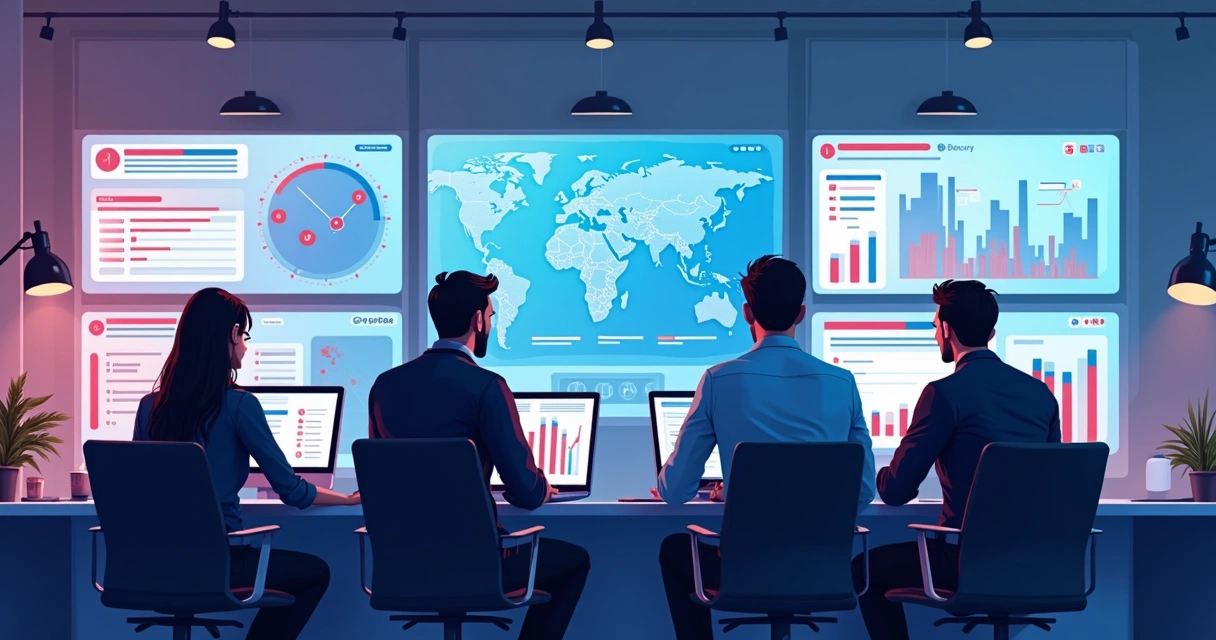Equipe monitorando menções políticas durante crise em monitores 