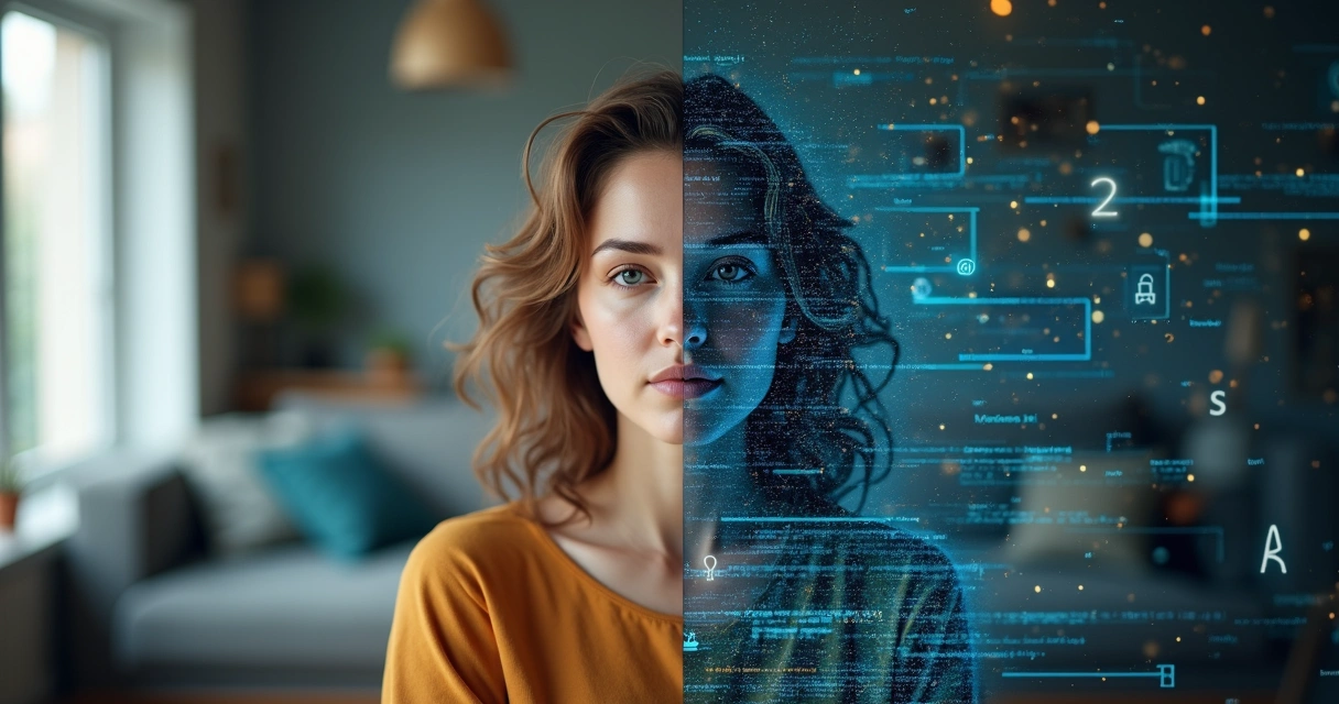 Pessoa dividida entre mundos digital e real, com elementos digitais ao redor 