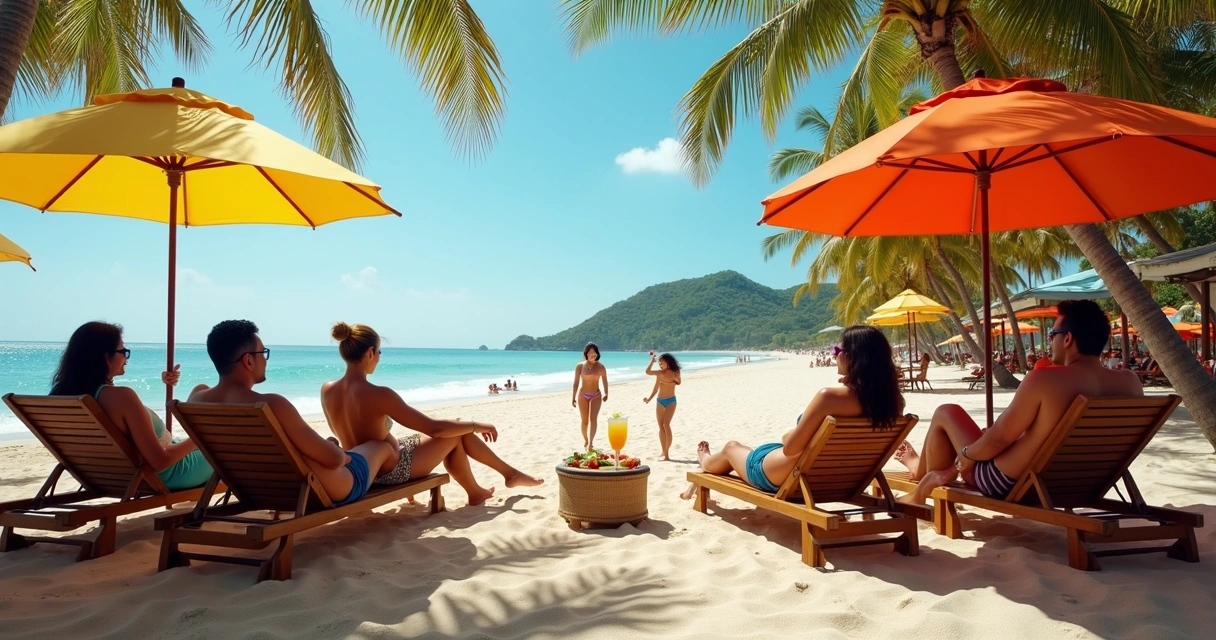 Grupo de pessoas relaxando nas cadeiras na praia durante o carnaval 